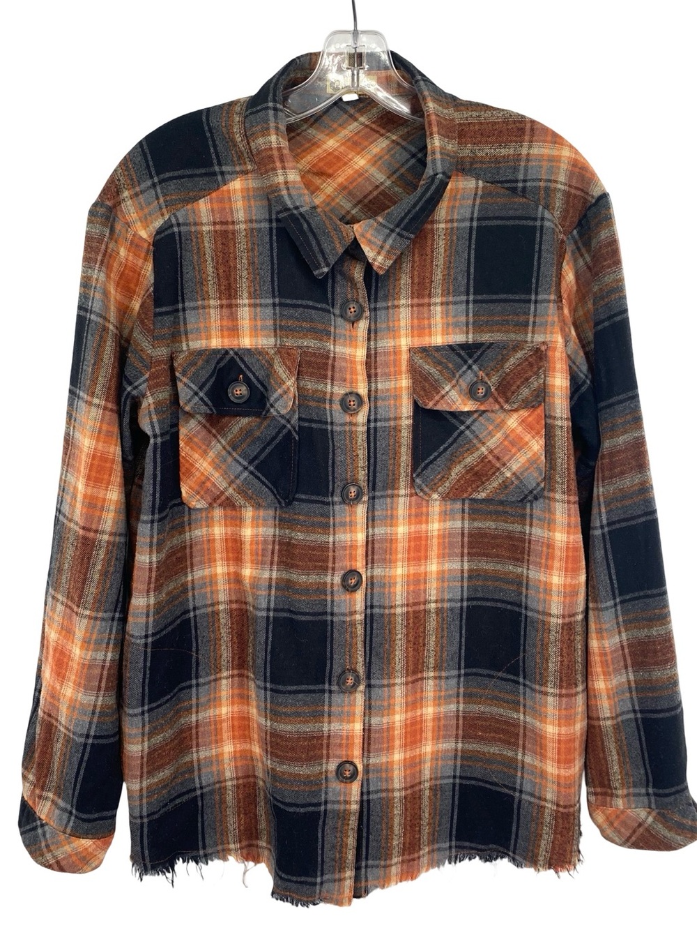 Democracy Plaid Button Up Flannel Shirt Long Sleeve Raw Hem Orange Fall Large
